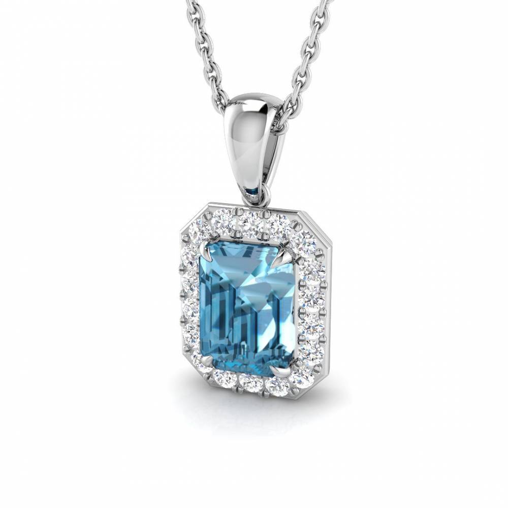 Blue Topaz Emerald and Round Diamond Halo Pendant W