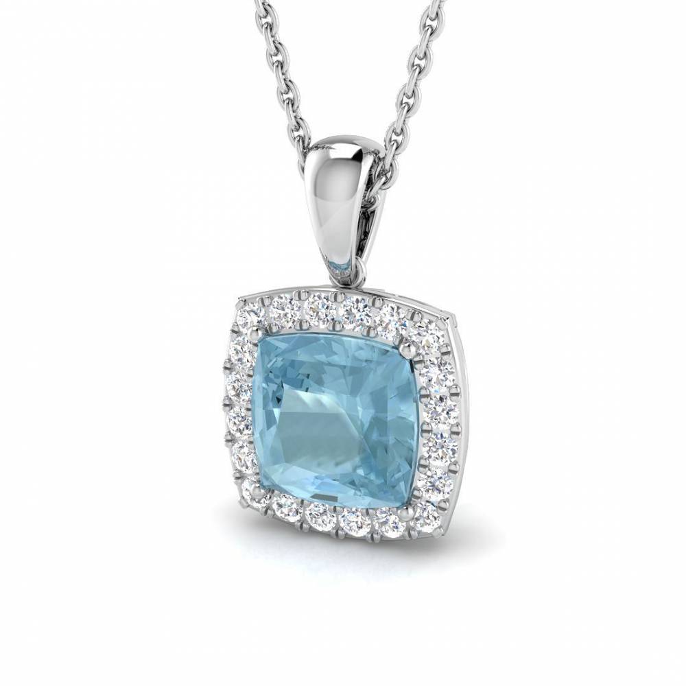 Cushion Aquamarine and Round Diamond Halo Pendant W