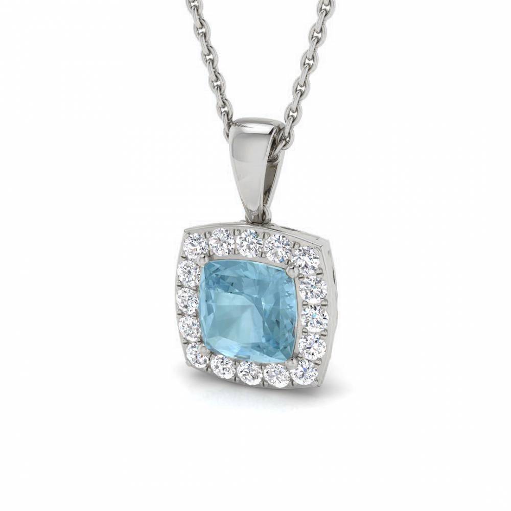 Cushion Aquamarine and Round Diamond Halo Pendant W