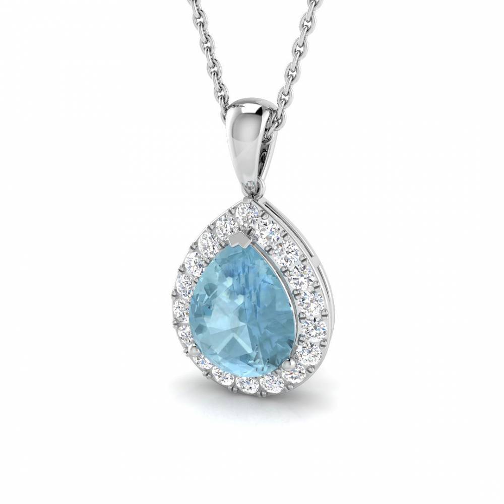 Pear Aquamarine and round Diamond Halo Pendant W