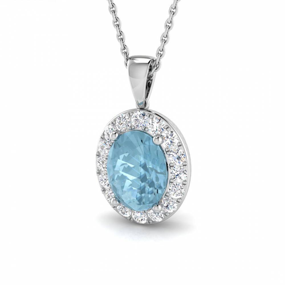 Oval Aquamarine and Round Diamond Halo Pendant W