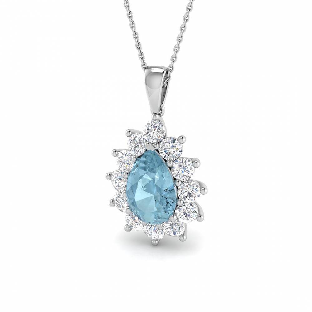 Pear Aquamarine and Round Diamond Halo Pendant W