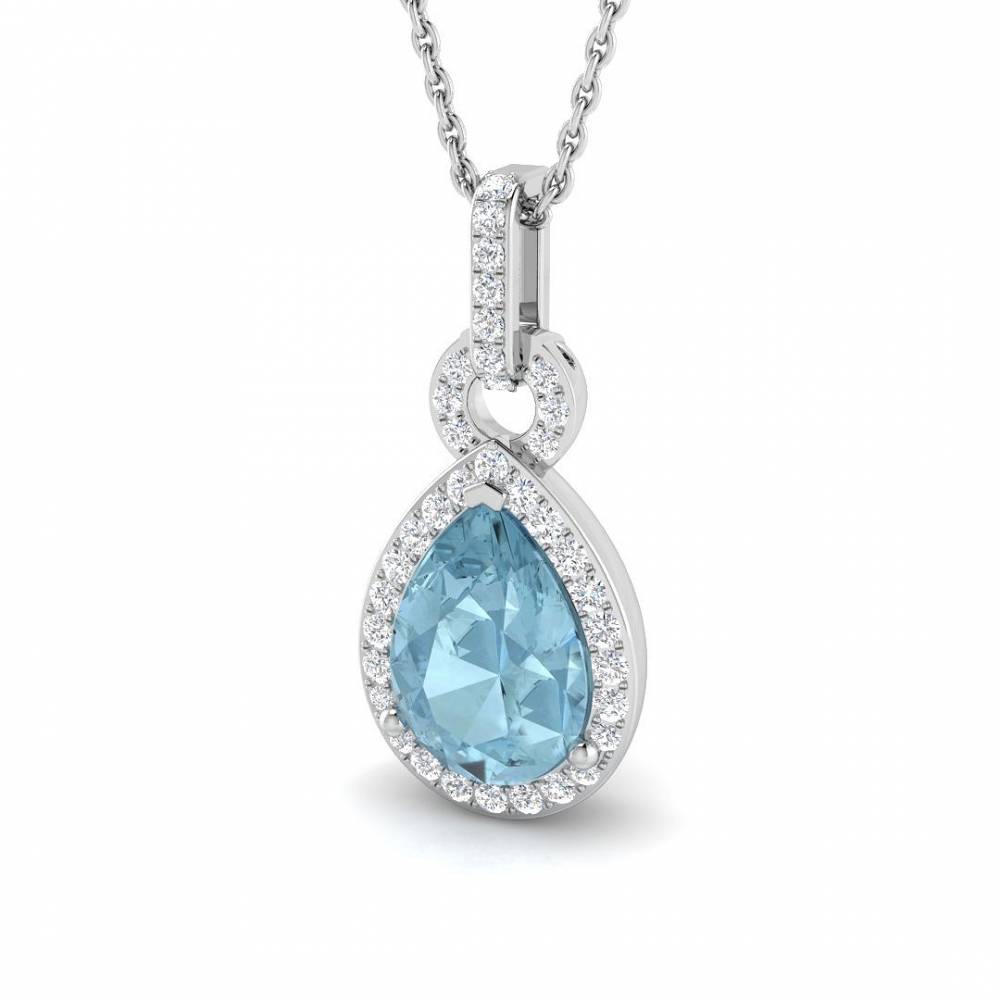 Pear Aquamarine and Round Diamond Halo Pendant W