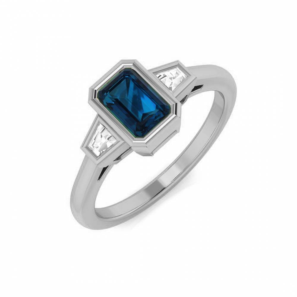 Blue Topaz Emerald and Baguette Diamond Trilogy Ring W