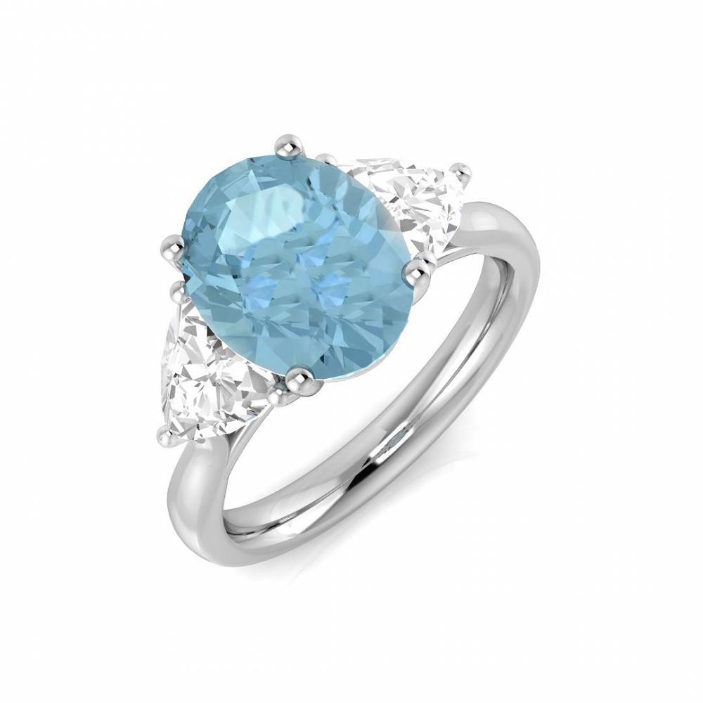 Oval Aquamarine and Trillion Diamond Trilogy Ring set in White Gold