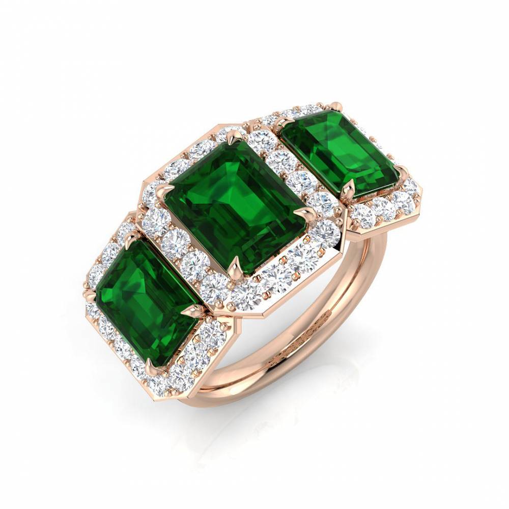 6.90ct EF/VS Emerald & Diamond Trilogy Halo Gemstone Ring Image