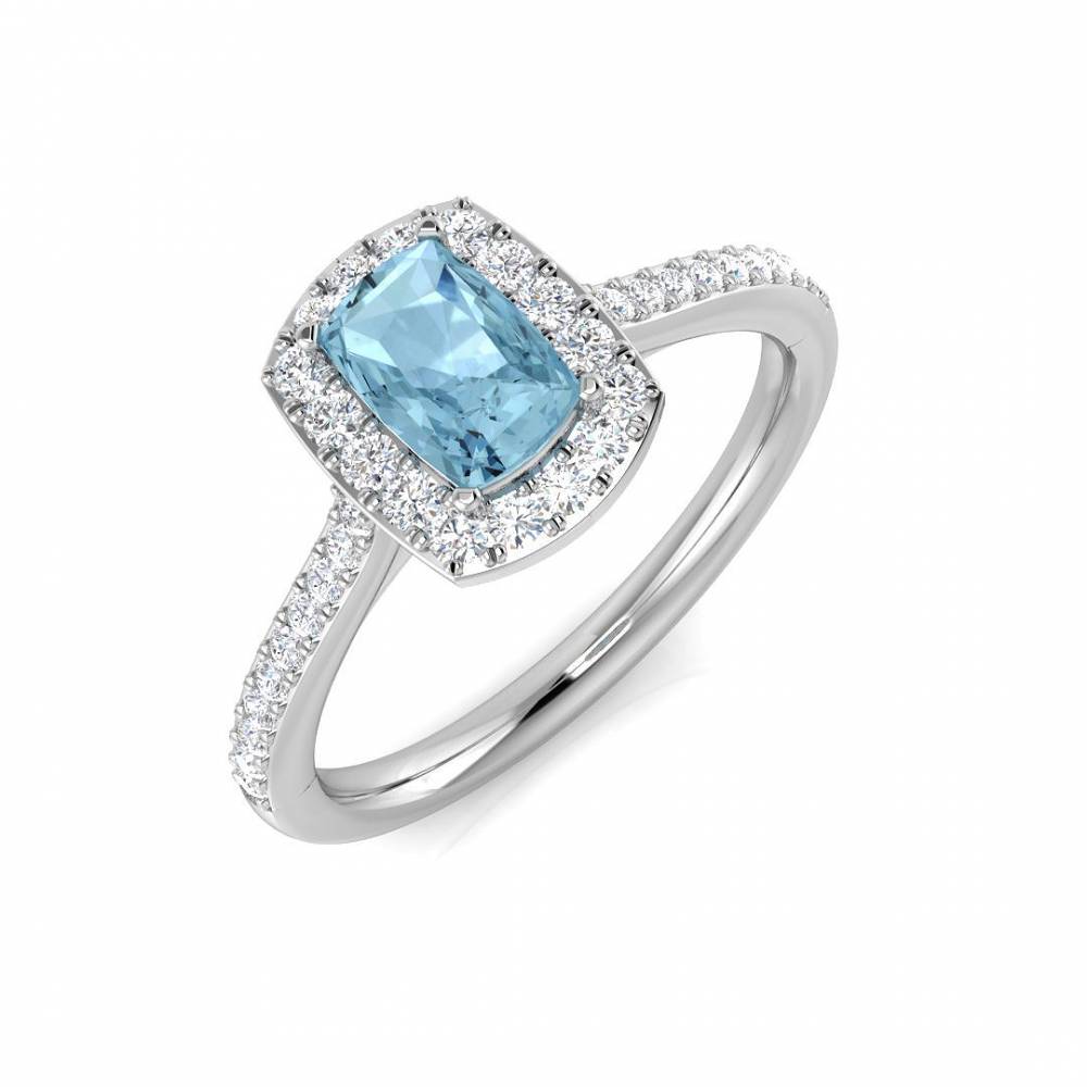 Cushion Aquamarine and Round Diamond Halo Shoulder Set Ring W