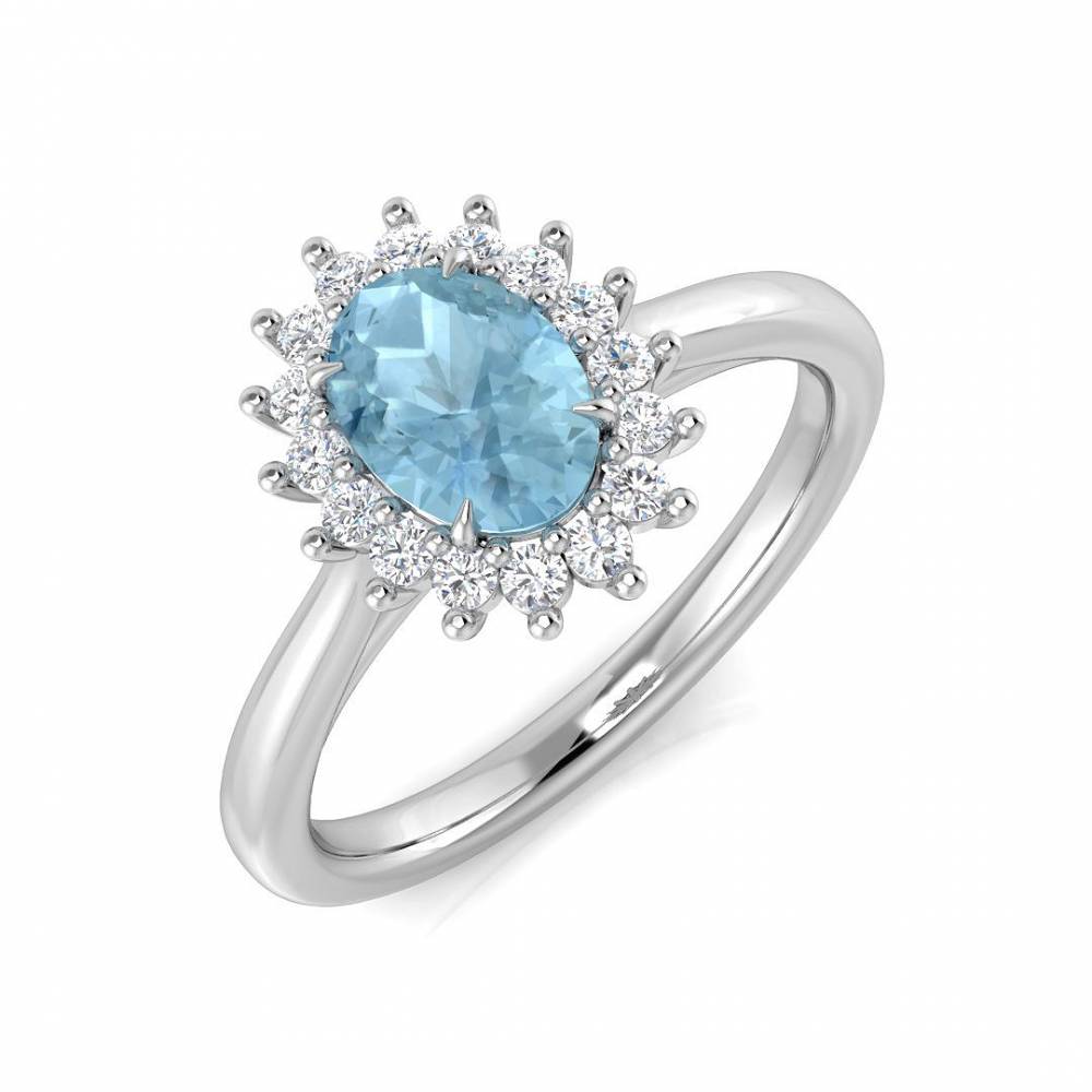 Oval Aquamarine and Round Diamond Halo Ring W