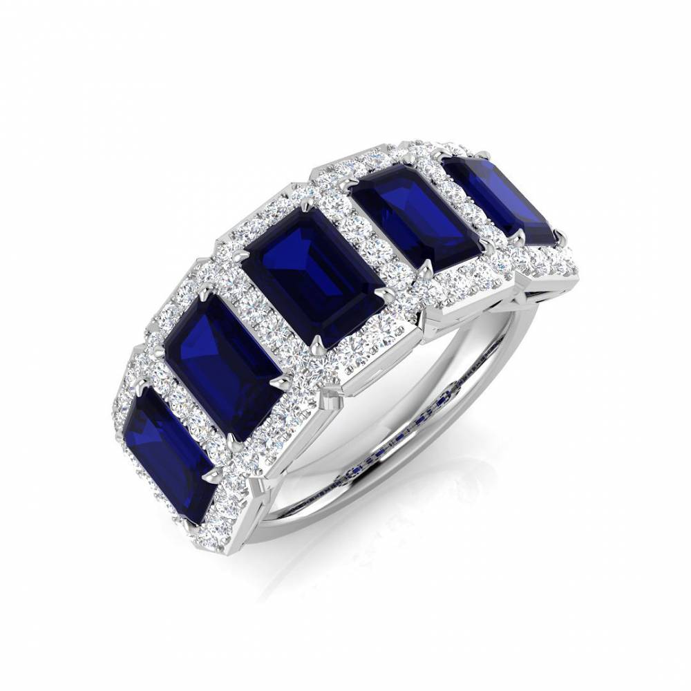 Blue Sapphire Emerald and Round Diamond Halo 5 Stone Ring Image