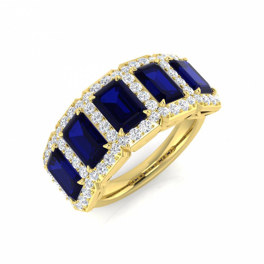 Blue Sapphire Emerald and Round Diamond Halo 5 Stone Ring Image