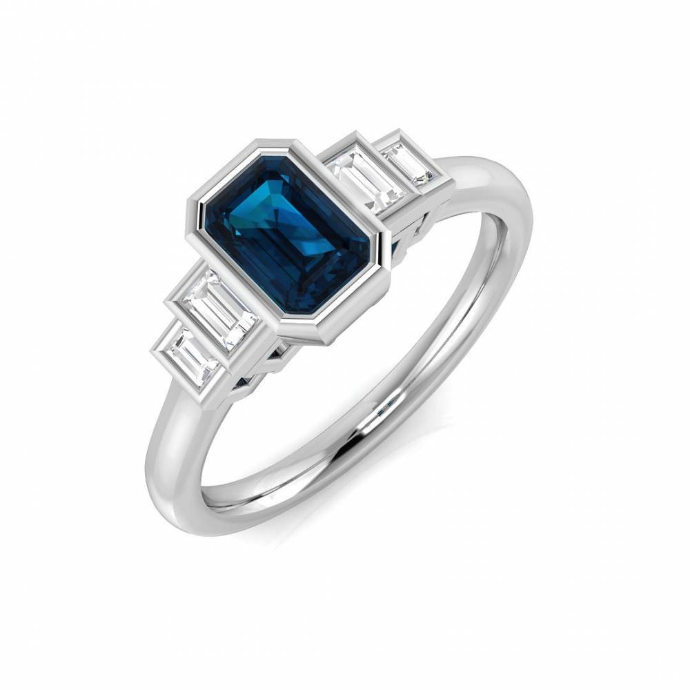 Blue Topaz Emerald and Baguette Diamond Side Stone Ring Image