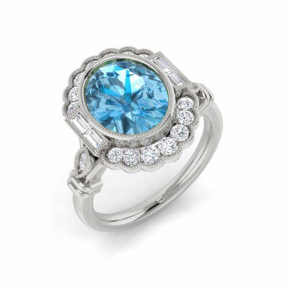 Blue Topaz Oval and Diamond Set Halo Ring Image