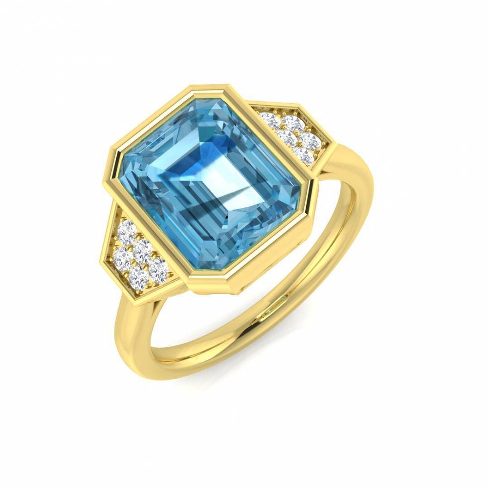 Blue Topaz Emerald and Round Diamond Side Stone Ring Image