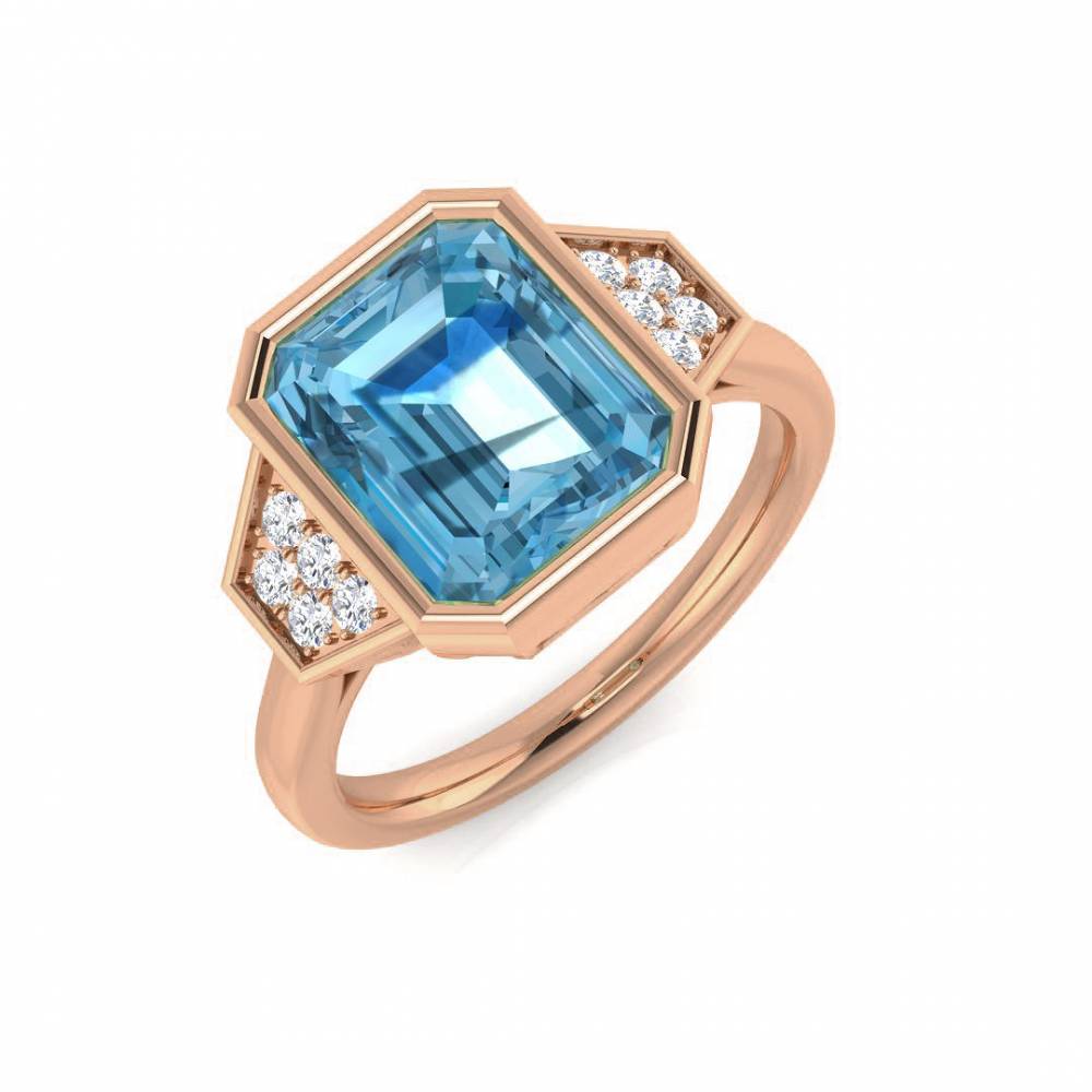 Blue Topaz Emerald and Round Diamond Side Stone Ring Image