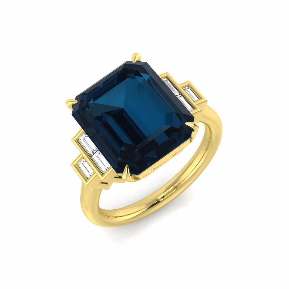 Blue Topaz Emerald and Baguette Cut Diamond Side Stone Ring Image