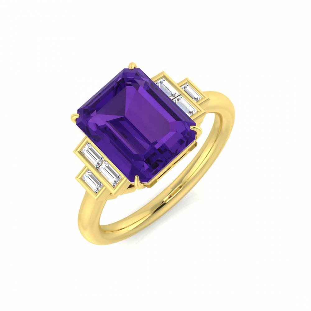 Emerald Amethyst and Baguette Diamond Side Stone Ring Image