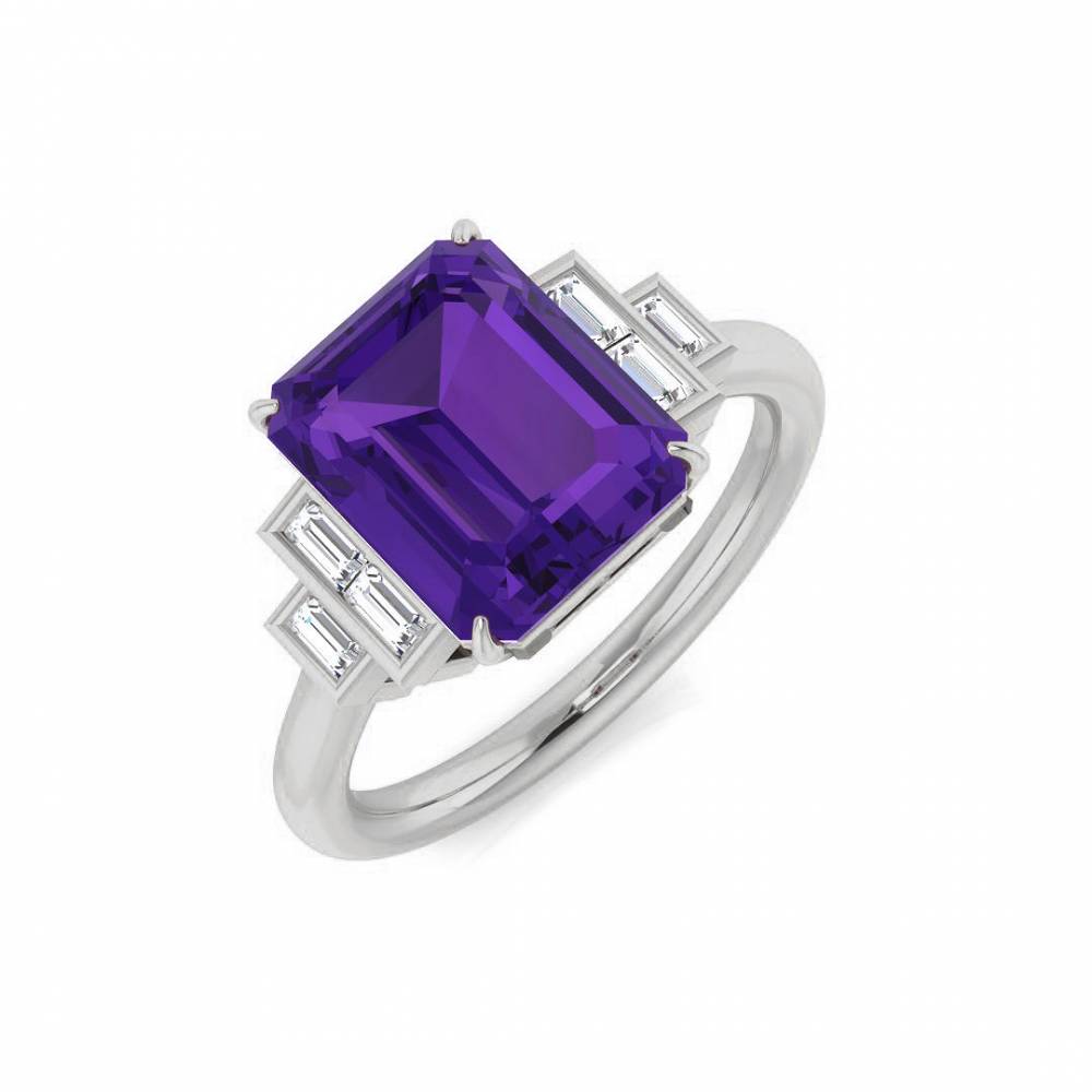 Emerald Amethyst and Baguette Diamond Side Stone Ring Image