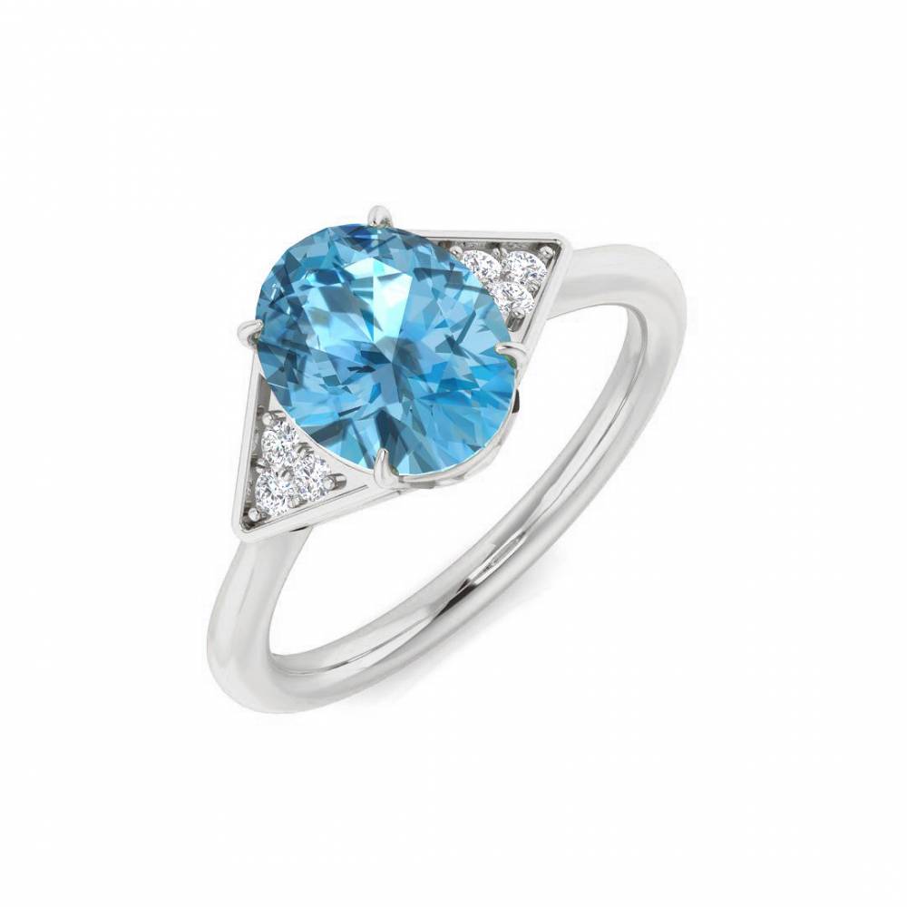 Blue Topaz Oval and Round Diamond Side Stone Ring Image