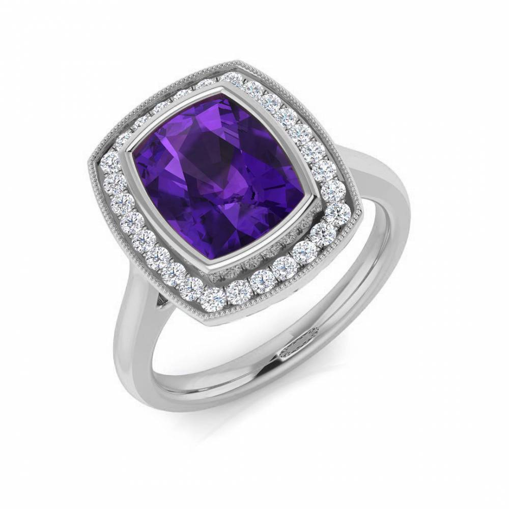 Cushion Amethyst and Round Diamond Halo Ring W