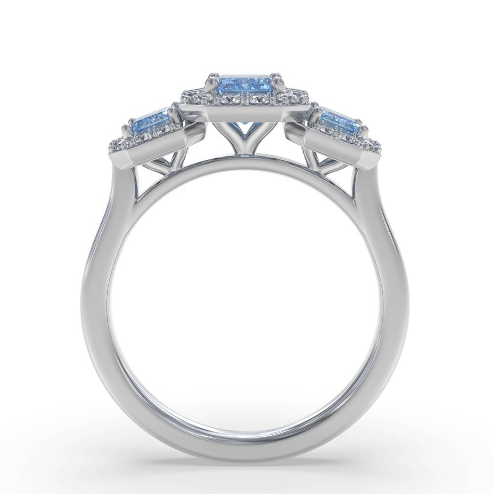 Emerald Aquamarine and Round Diamond Trilogy Ring set in White Gold