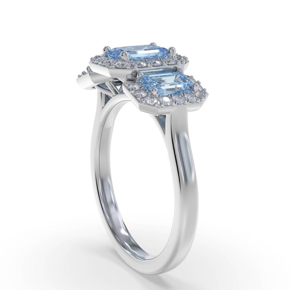 Emerald Aquamarine and Round Diamond Trilogy Ring set in White Gold