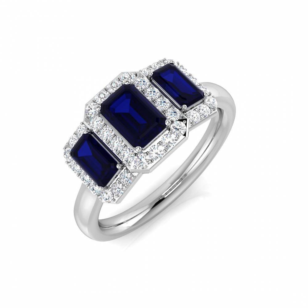 Emerald Blue Sappgire and Round Diamond Trilogy Ring Image