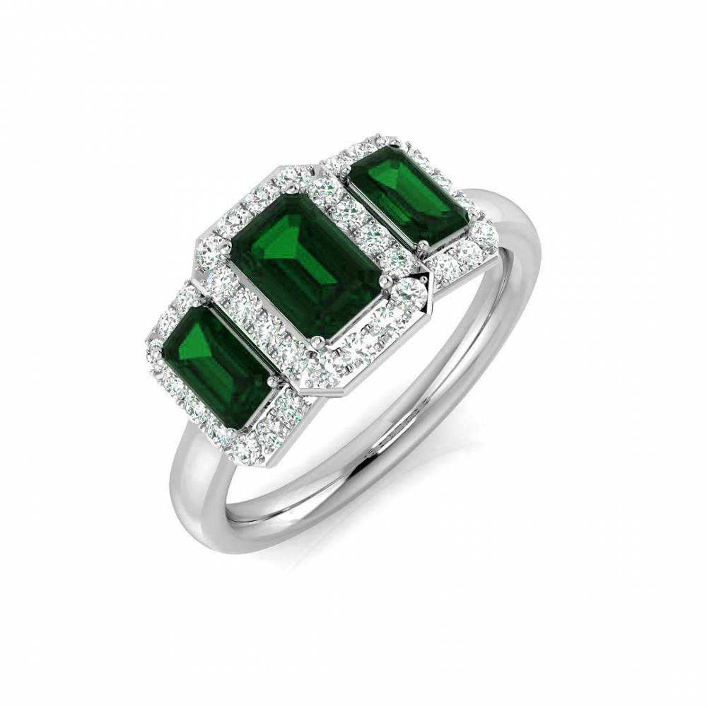 Emerald Green Gemstone and Round Diamond Trilogy Ring Image