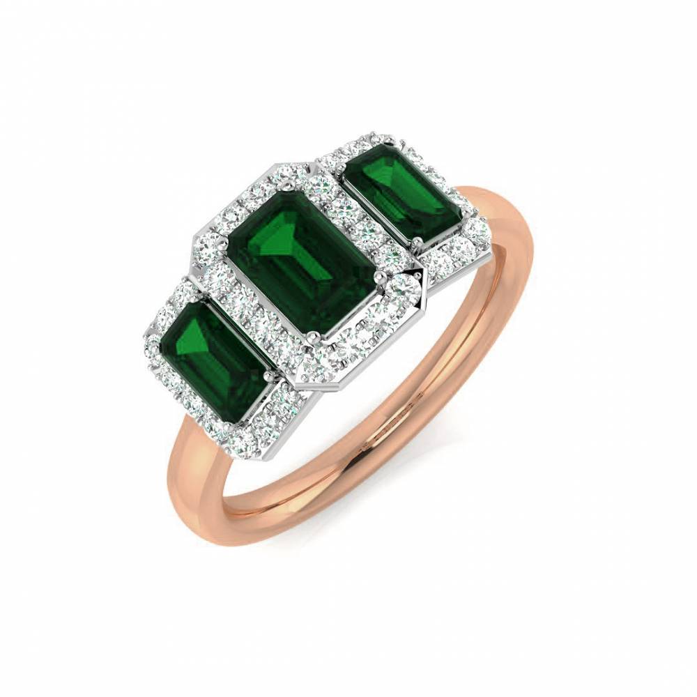 Emerald Green Gemstone and Round Diamond Trilogy Ring Image