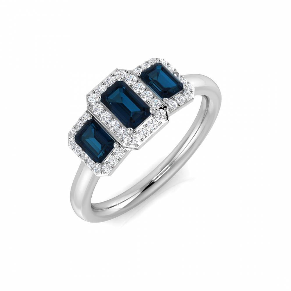 Blue Topaz Emerlad and Round Diamond Halo Ring Image
