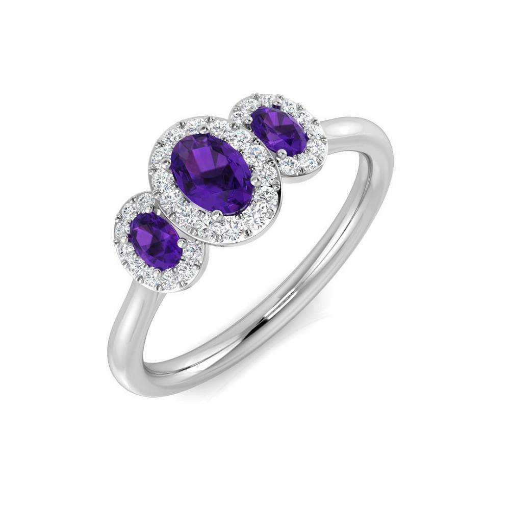 Oval/Round Purple Amethyst Gemstone Trilogy Ring W