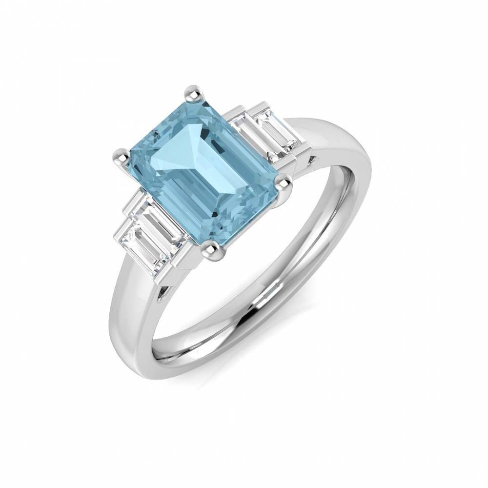 Emerald Aquamarine and Baguette Diamond Side Stone Ring W