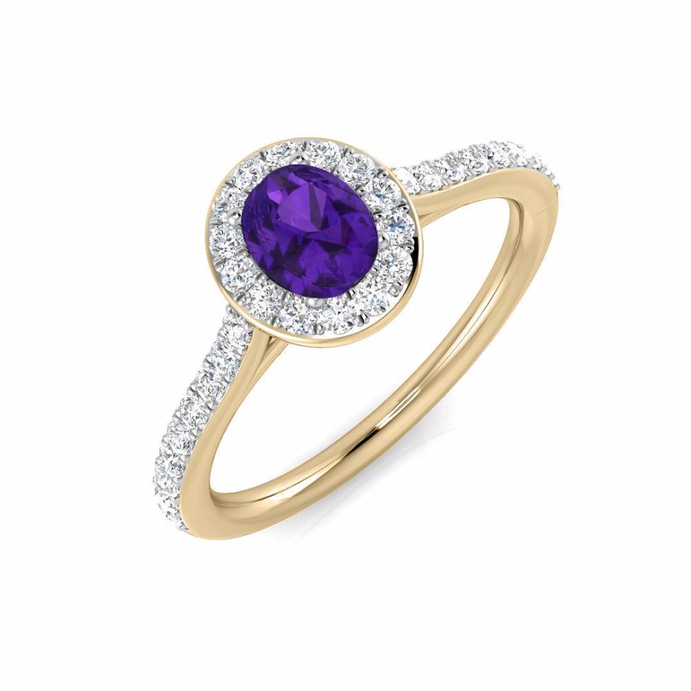 Oval Amethyst Gemstone and Round Diamond Halo Set Ring Image