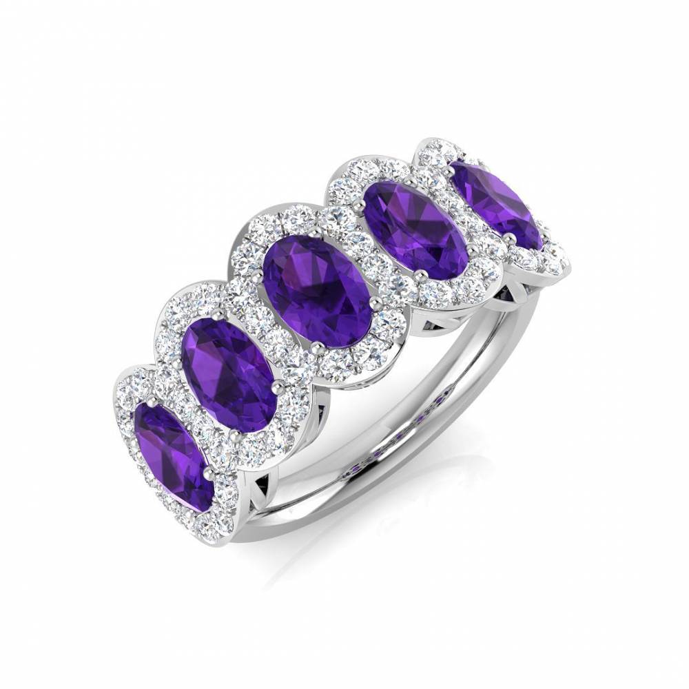 Oval Amethyst and Round Diamond Halo 5 Stone Ring Image