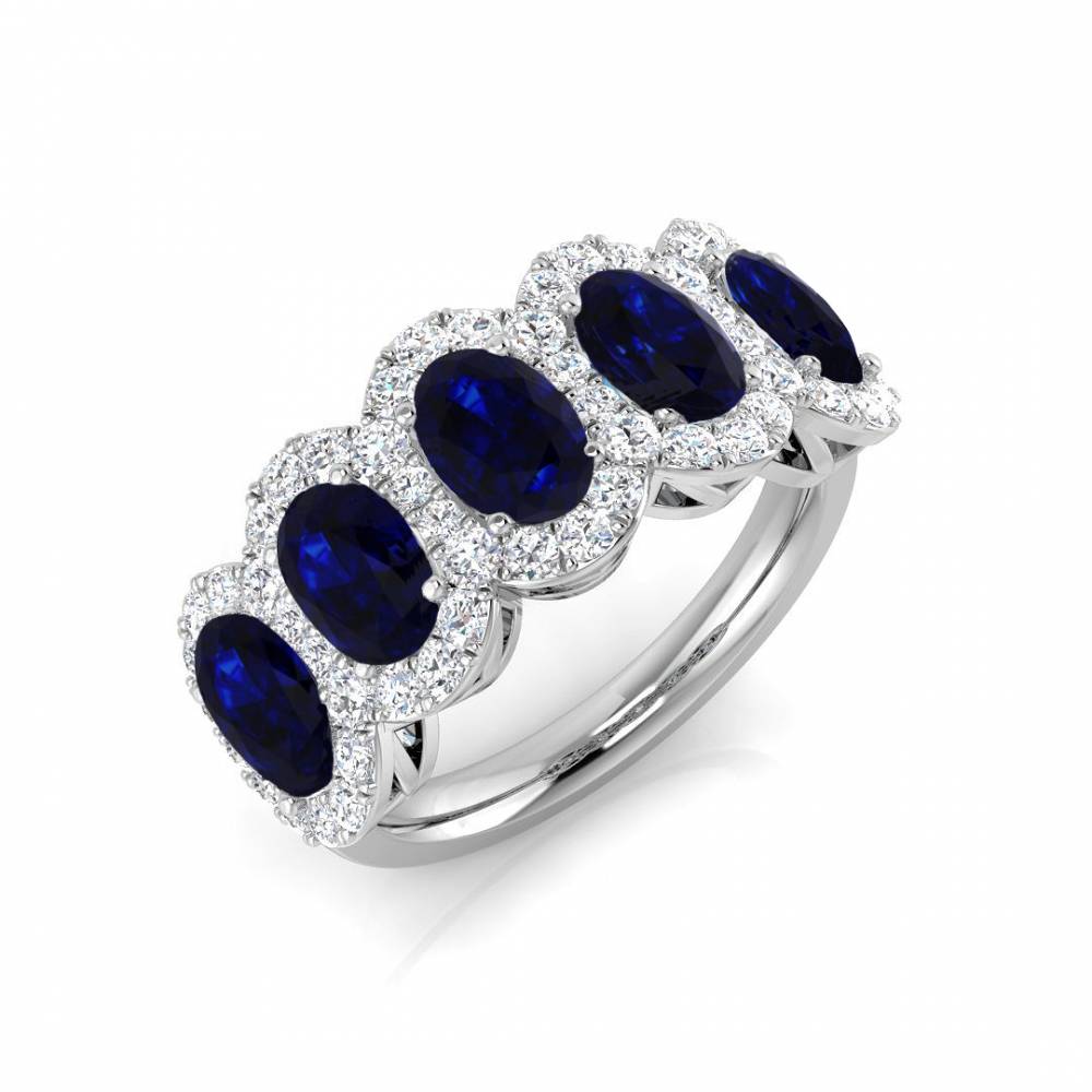 Oval Blue Sapphires and Round Diamond Halo 5 Stone Ring Image