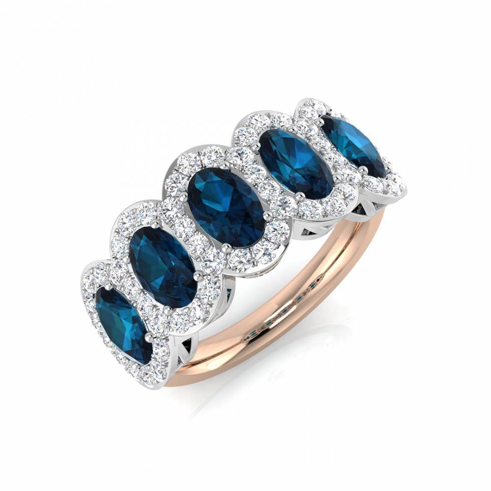 Oval Blue Topaz and Round Diamond Halo 5 Stone Ring Image