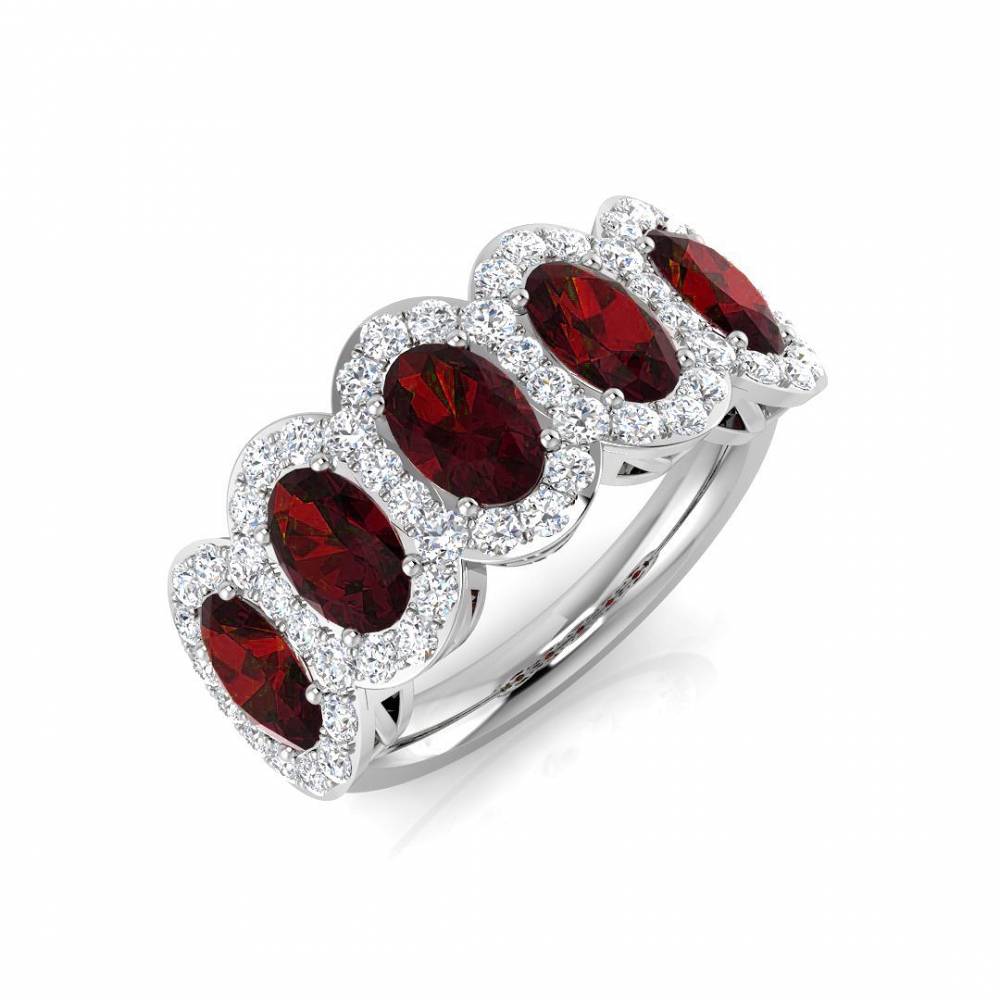 Oval Ruby and Round Diamond Halo 5 Stone Ring Image