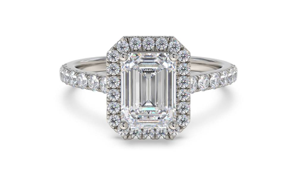 Emerald Diamond Single Halo Shoulder Set Ring set in Platinum