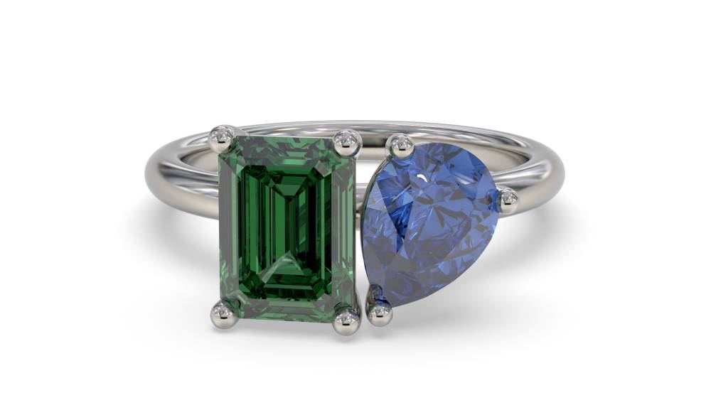 JULIET & I - Blue Sapphire and Green Emerald Two Stone Ring set in Platinum