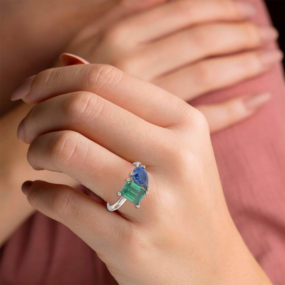 JULIET & I - Blue Sapphire and Green Emerald Two Stone Ring set in Platinum