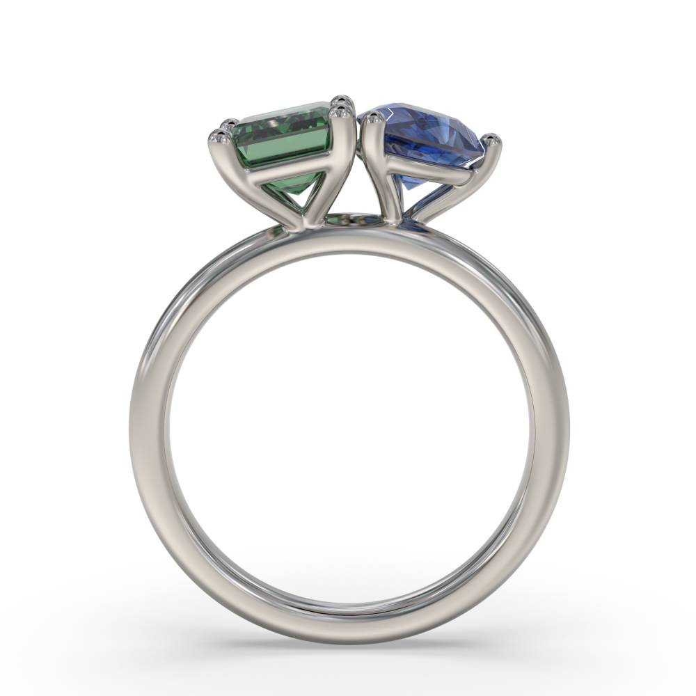 JULIET & I - Blue Sapphire and Green Emerald Two Stone Ring set in Platinum