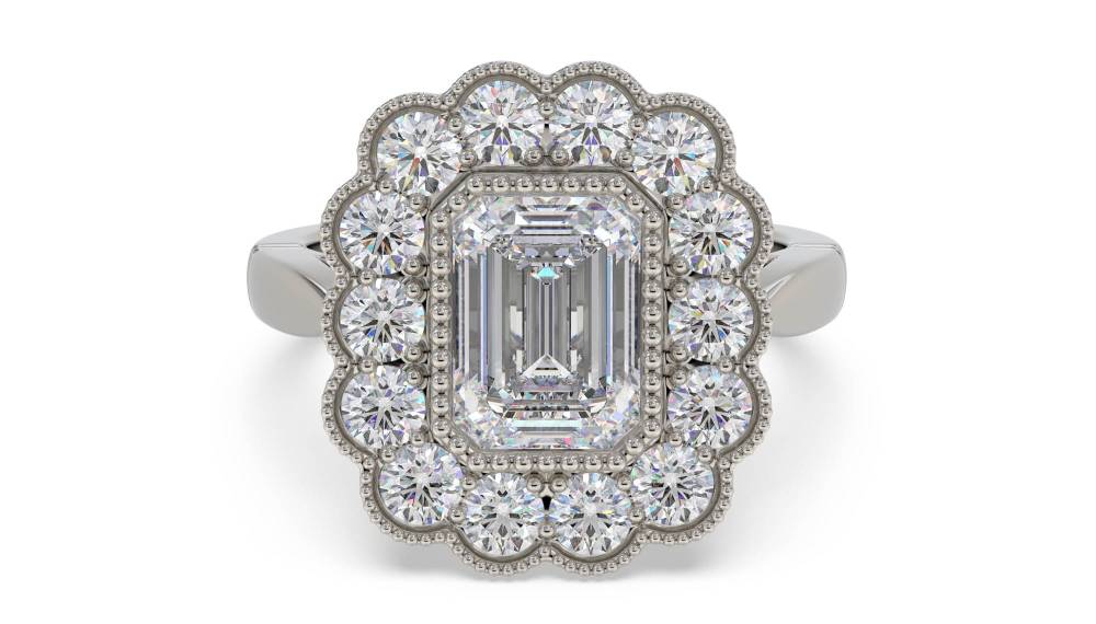 Emerald Diamond Milgrain Set Designer Ring set in Platinum