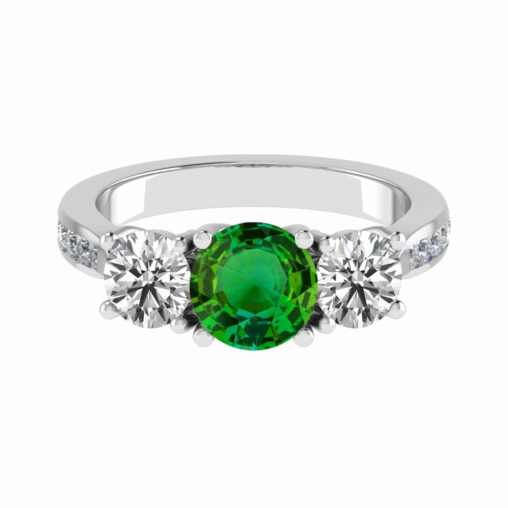 3 Stone Emerald Diamond Ring With Shoulder Diamonds P