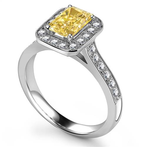 Fancy Yellow Radiant Diamond Halo Shoulder Set Ring P