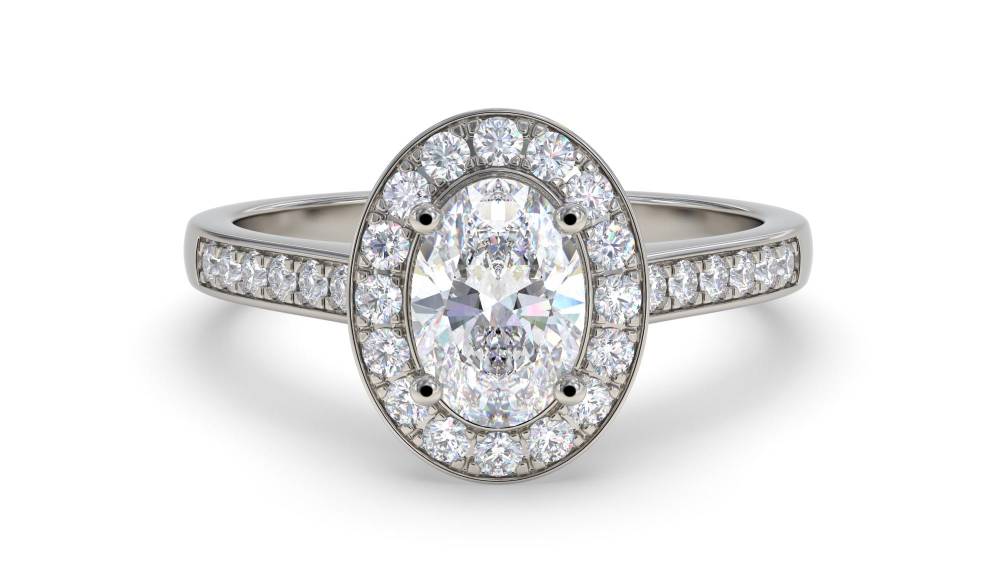 Oval Diamond Single Halo Shoulder Set Ring set in Platinum