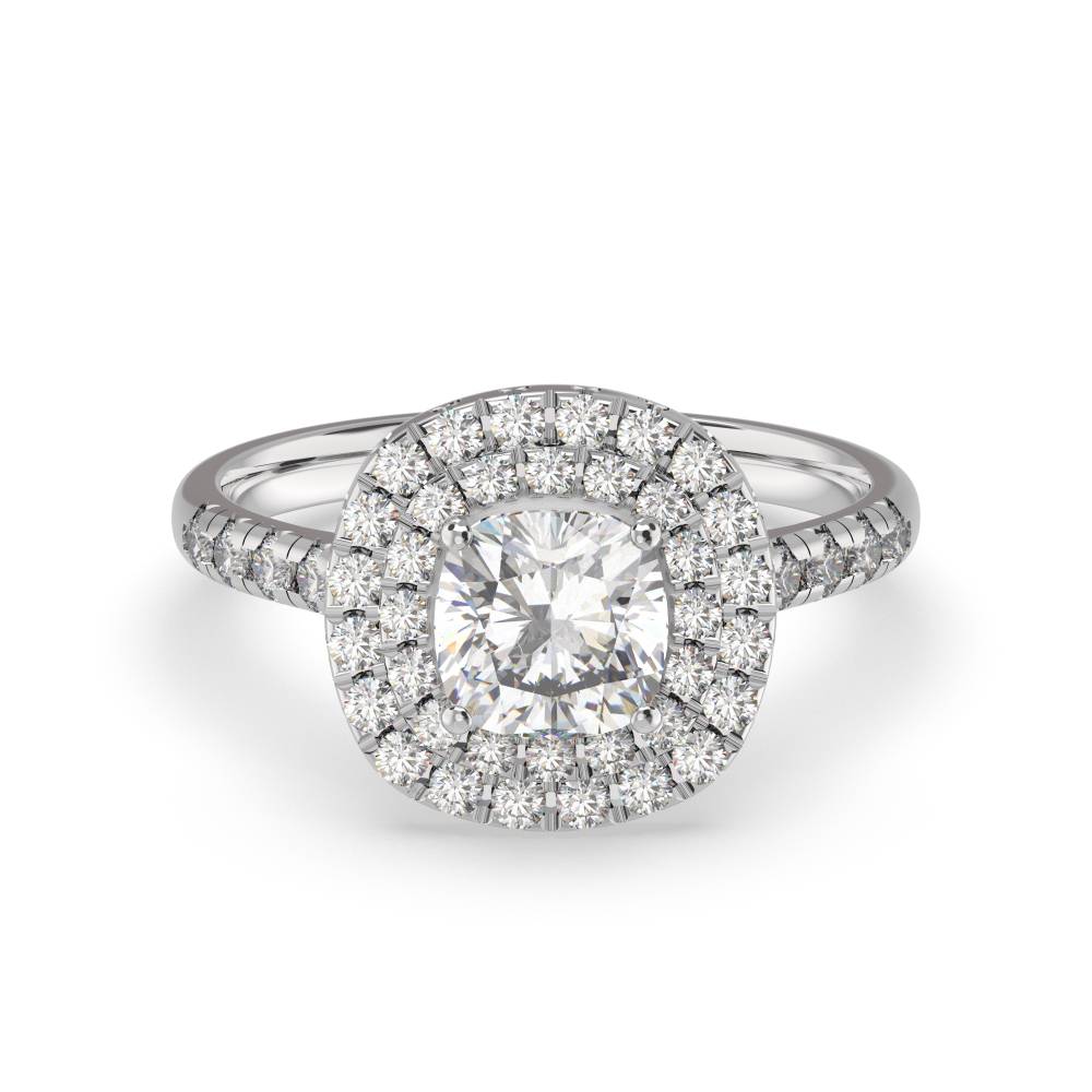 Cushion Diamond Double Halo Shoulder Set Ring P