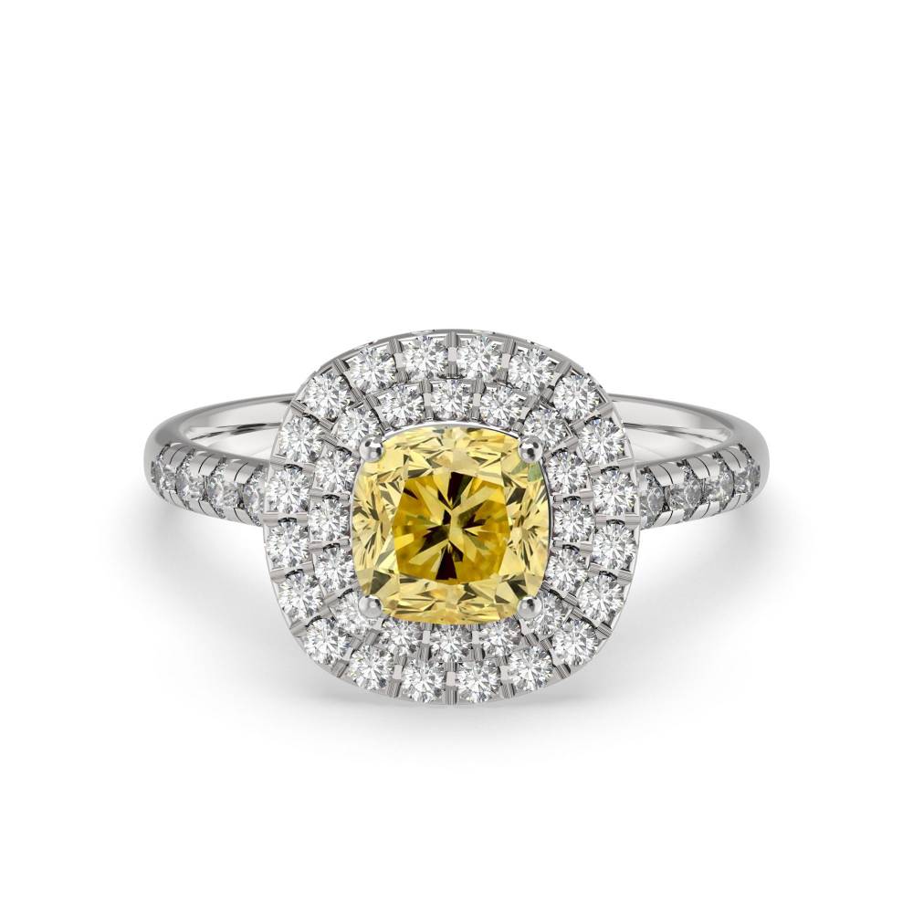 Fancy Yellow Cushion Diamond Halo Shoulder Set Ring P