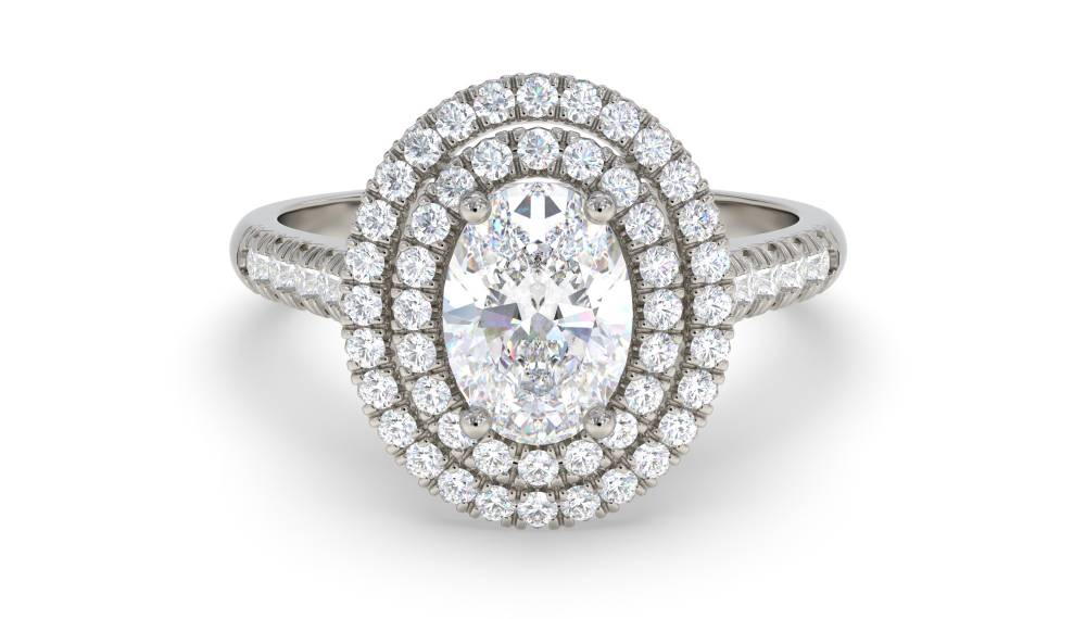 Oval Diamond Double Halo Shoulder Set Ring set in Platinum