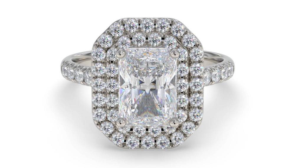 Radiant Diamond Double Halo Shoulder Set Ring set in Platinum