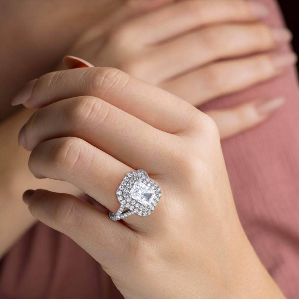 Radiant Diamond Double Halo Shoulder Set Ring P