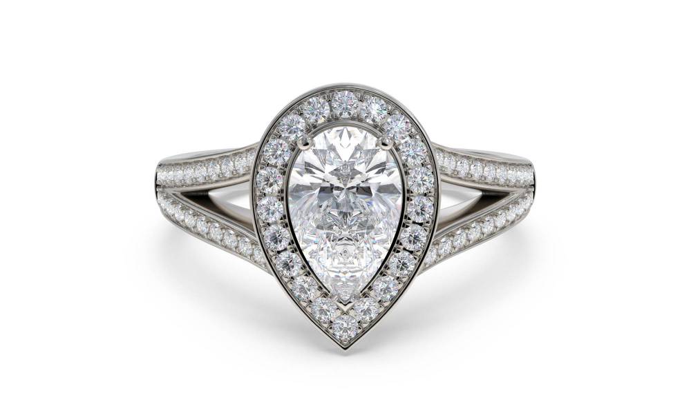 Pear Diamond Single Halo Shoulder Set Ring set in Platinum